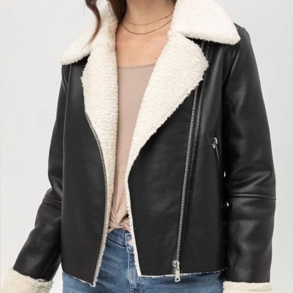 Reitmans Black and White Shearling Leather Jacket